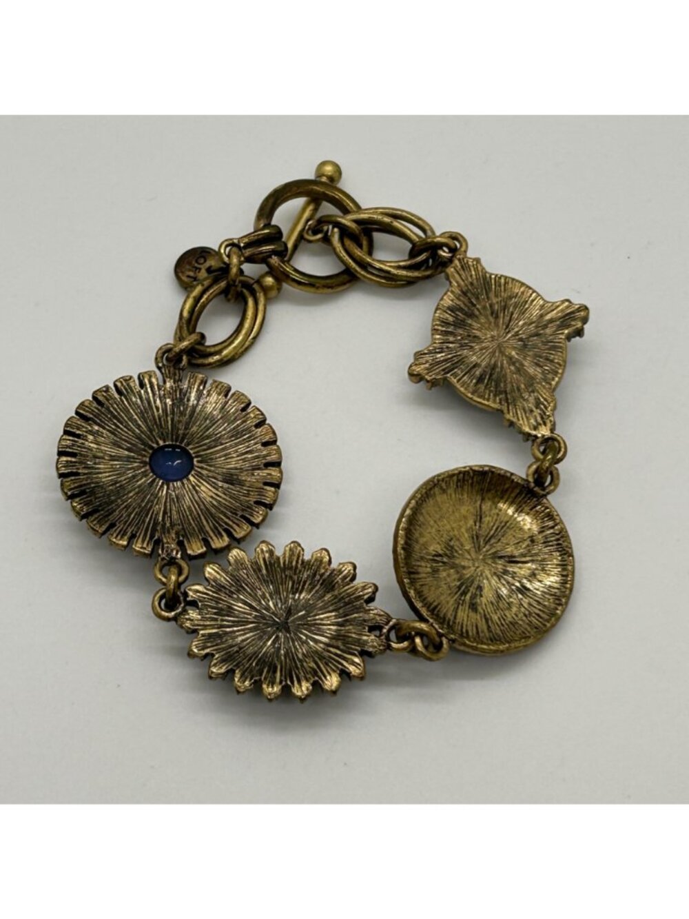 LOFT Vintage Brass Gold Tone Cabochon Stone Pave Crystal Link Bracelet - Picture 7 of 10